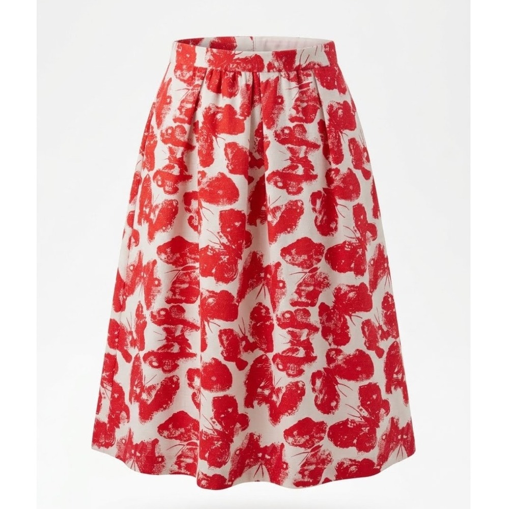Handmade Red Butterfly Print Pleated Midi Skirt 30 Waist Pockets Retro Novelty
